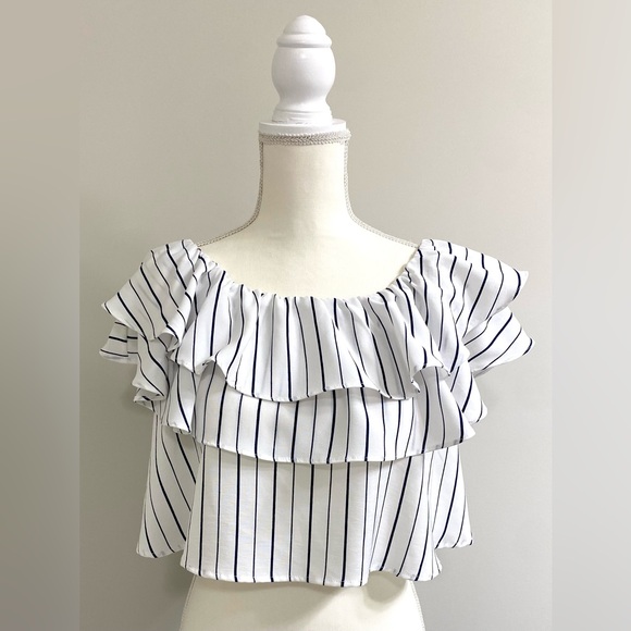 She + Sky Tops - She + Sky Womens L White Blue Stripe Ruffle Flowy Crop Top Boho Y2K Maximalist